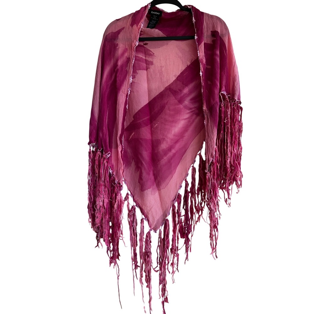 Bebe Pink Silk Abstract Watercolor Fringe Triangle Shawl Wrap OS Boho Coquette